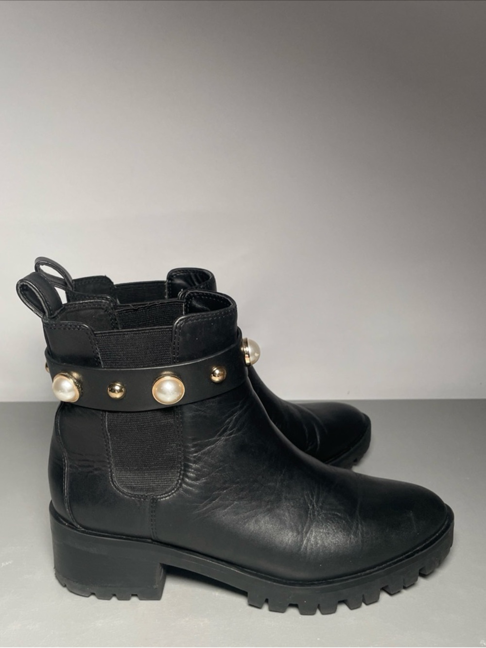 Karl Lagerfeld Paris Black Leather Lug Sole Ankle Booties Size 8
